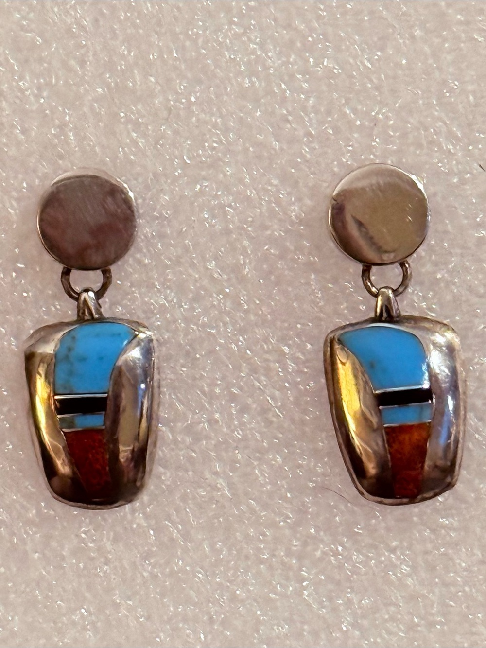 Vintage Turquoise Red Coral Sterling Silver Zuni Inlay Mosaic Earrings